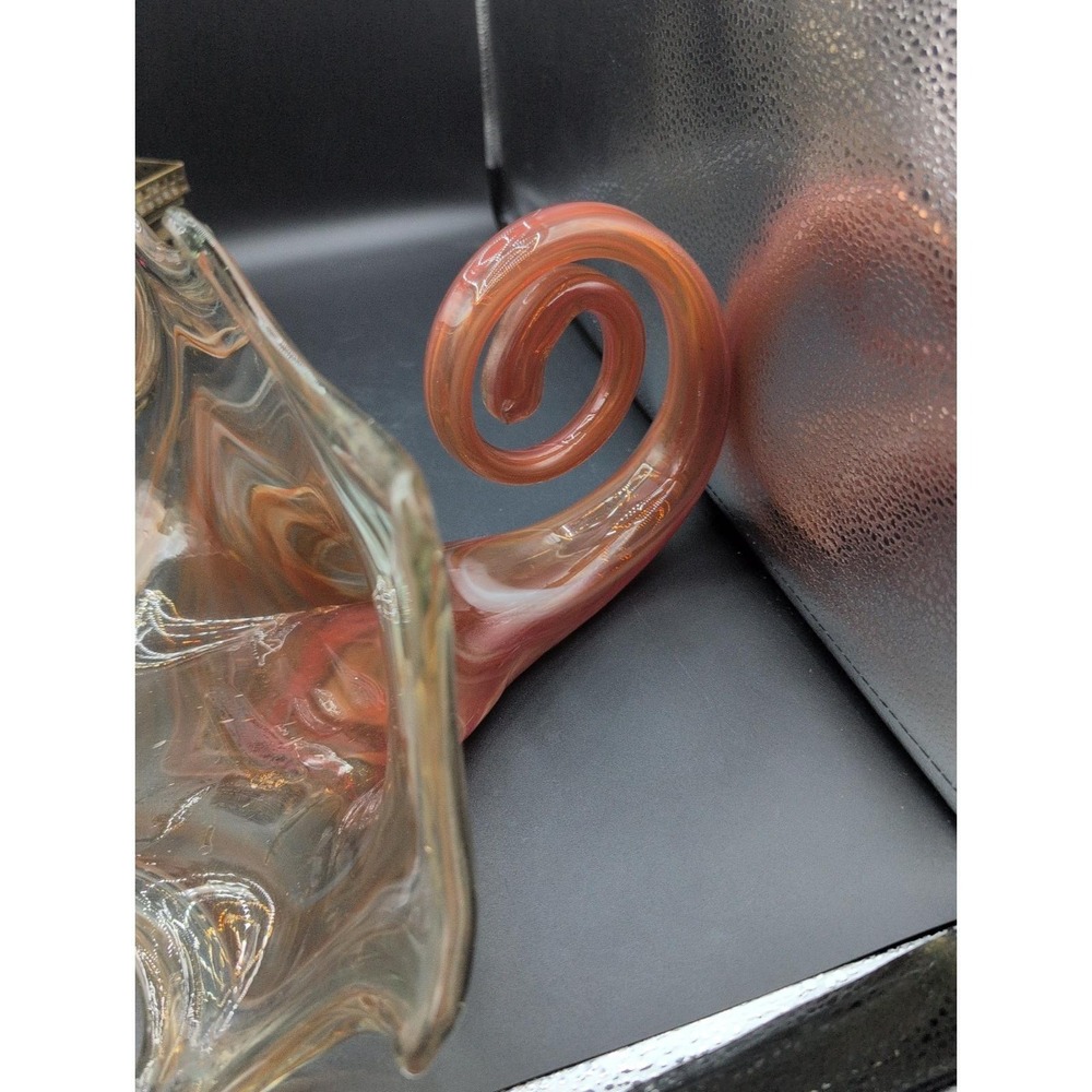 Vtg. large Sooner Art Hand Blown Glass Lotus Cornucopia Orange Vase - Picture 2 of 10